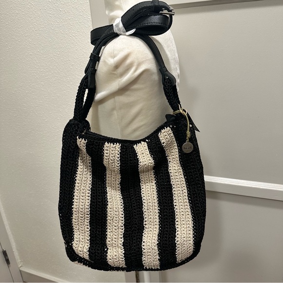 The Sak Handbags - The Sak Los Feliz Crochet Medium Black and Cream Striped Crossbody Bag